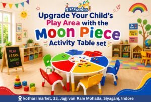 Colorful Moon Piece Activity Table set with chairs in a playful preschool classroom by SP Traders