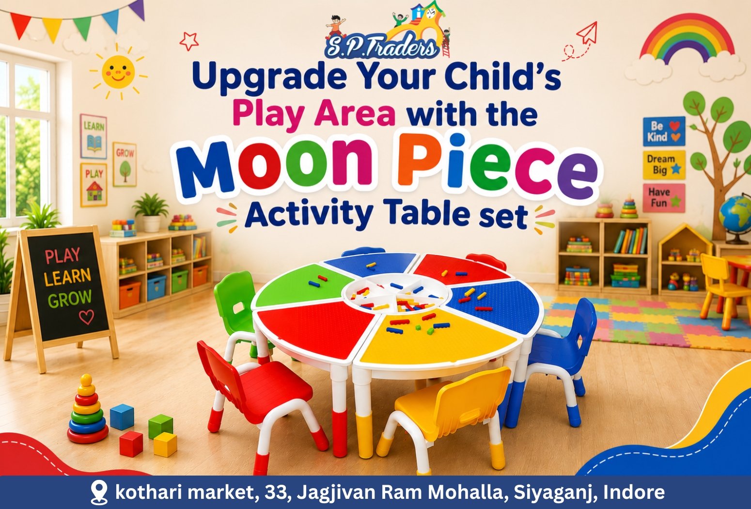 Colorful Moon Piece Activity Table set with chairs in a playful preschool classroom by SP Traders