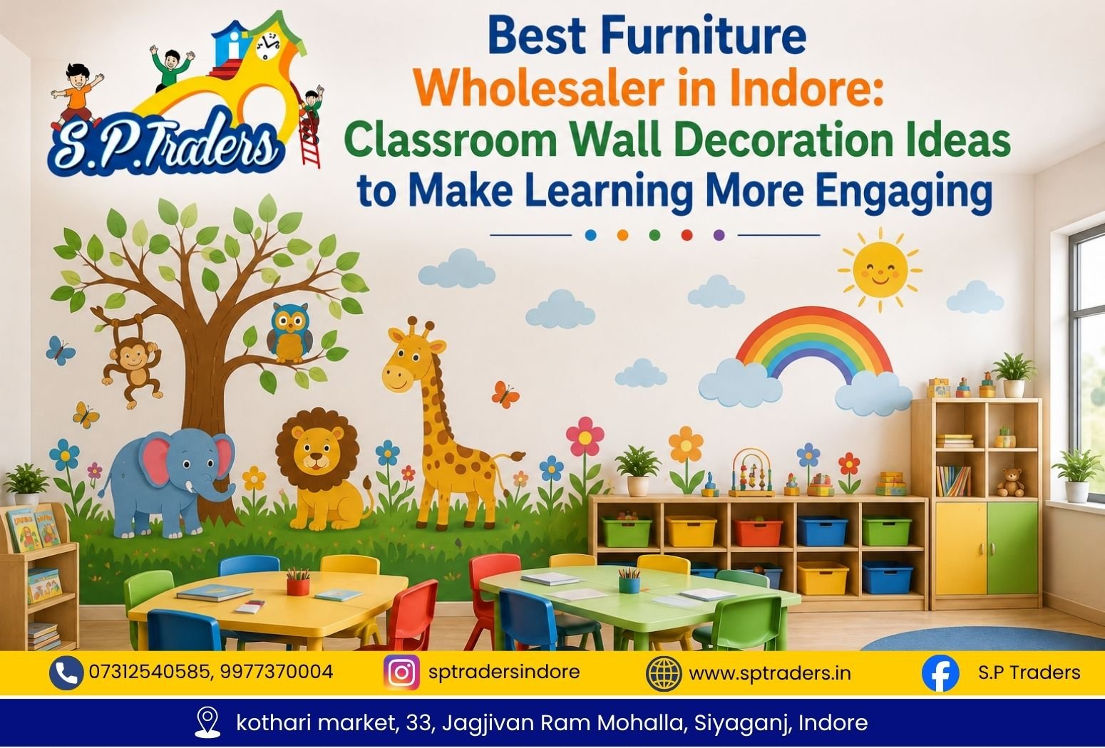 Colorful classroom wall decoration with animal murals, rainbow designs, and children’s furniture by S.P. Traders