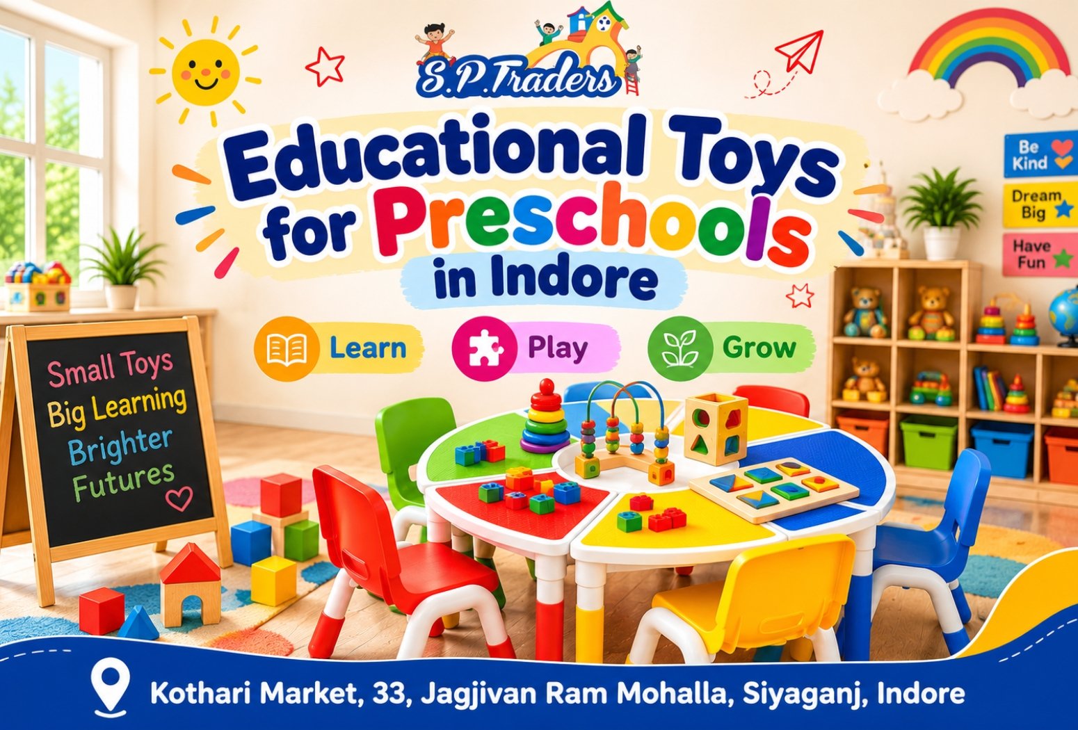 Educational toys for preschools in Indore, including colorful building blocks, stacking rings, shape sorters, and interactive learning toys by S.P. Traders.